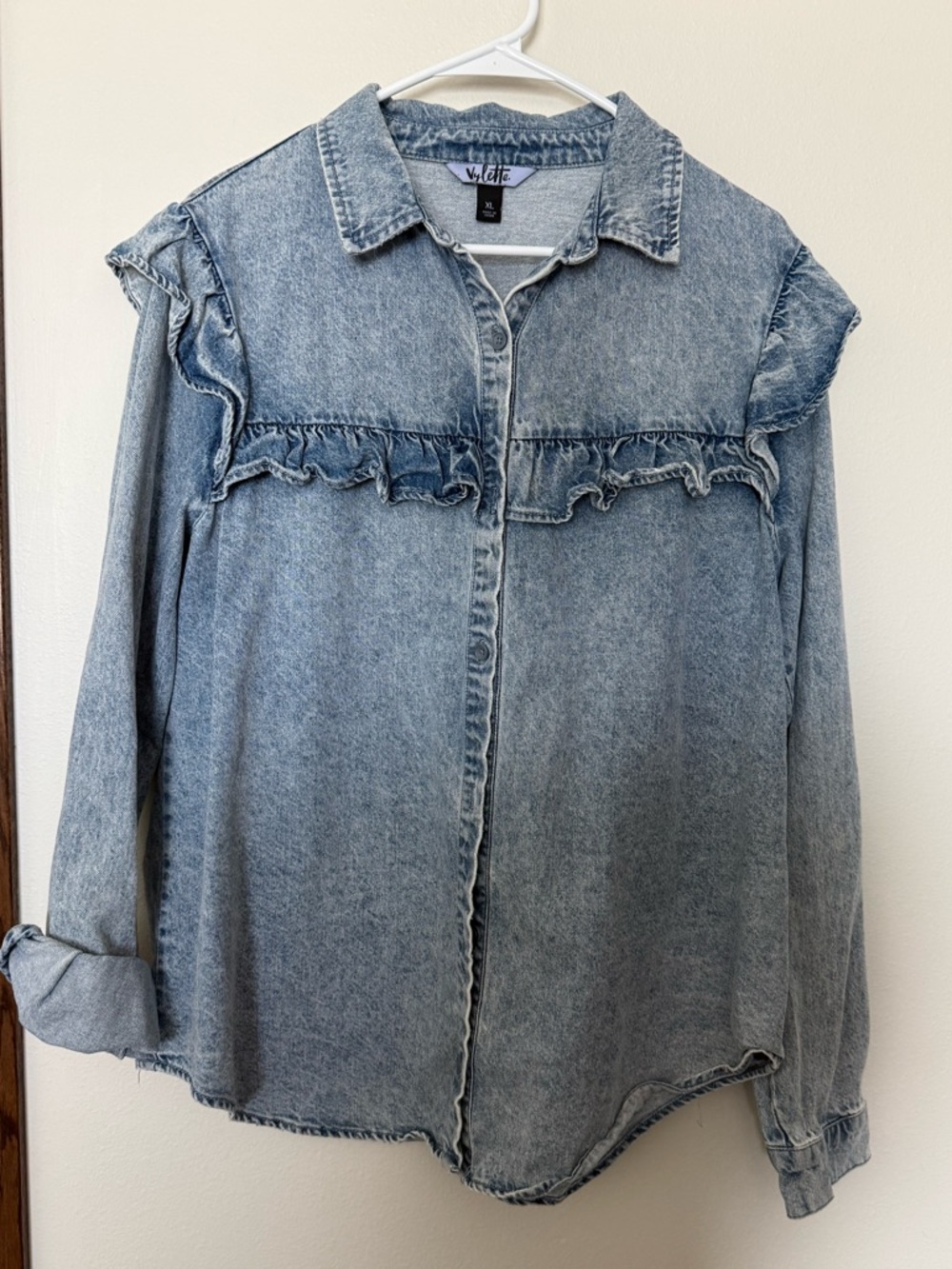 Ruffled Denim Button-Up Shirt | Light Wash | Size XL | Boho Western Top